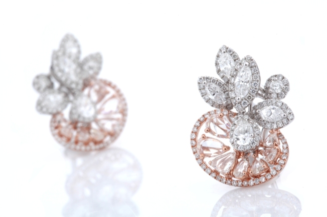 Entice Irresistible ear studs with marquise, pear & round diamonds along with rose cut diamonds in rose gold